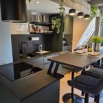 Moderne Küche mit Esstisch und Blick auf Garten