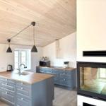 Küche mit Holzdecke, grauen Schränken und Kaminofen.