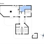 Stueplan zeigt Küche, Schlafzimmer und Bad mit Möbeln.
