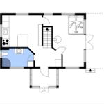 Geschossplan mit Küche, Bad, Treppenhaus und Schlafzimmer