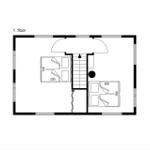 Erdgeschossplan mit zwei Schlafzimmern und Treppe zur oberen Etage.