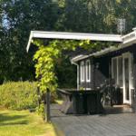 Terrace with table, chairs, and grill under a white roof. Green plants climb upward.