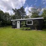 Black wooden house with white door and windows on green lawn.