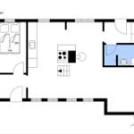 Stueplan zeigt Schlafzimmer, Küche und Badezimmer mit Maßen.