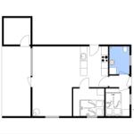 Wohnung mit Küche, Bad und Schlafzimmer. Flur mit Eingang.