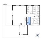 Stueplan zeigt Wohnbereich, Küche, Bad und Schlafzimmer mit Betten.