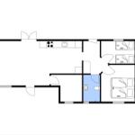 Apartment with kitchen, bathroom, and three bedrooms with beds.