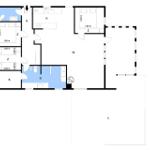 Apartment with kitchen, bathroom, three bedrooms, and living area.