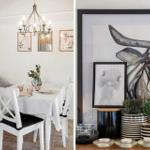 Dining room with table, chairs, and wall art. Adjacent space with artwork and plants.