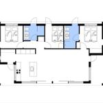 Drei Schlafzimmer mit Bad und Küche im Grundriss.