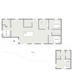 Wohnung mit Küche, drei Schlafzimmern und Terrasse. Flur und Badezimmer sind ebenfalls eingezeichnet.