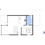 Stueplan zeigt Wohnraum, Küche, Bad und Schlafzimmer mit zwei Betten.