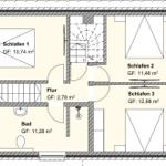 Dreizimmerwohnung mit Bad und Flur. Die Räume sind klar strukturiert.