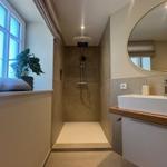 Badezimmer mit Dusche, Waschbecken und Fenster. Pflanze auf Fensterbank.