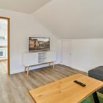 Wohnzimmer mit TV, Couch und Küche im Hintergrund.