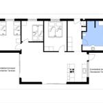 Wohnung mit vier Schlafzimmern, Küche und überdachter Terrasse.