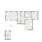 Wohnung mit Terrasse, drei Schlafzimmern und Anbau mit Schlafsofa.