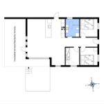 Übersichtsplan einer Wohnung mit drei Schlafzimmern, Küche und überdachter Terrasse.