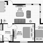 Dieses Apartment hat eine Küche, ein Wohnzimmer, zwei Schlafzimmer, ein Bad und einen Eingang.