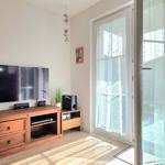 Wohnzimmer mit TV, Schrank und Glastür zum Balkon.