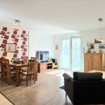 Wohnbereich mit Essbereich, Küche und Wohnzimmer mit Holzmöbeln und Pflanzen.