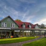 Grünes Haus mit rotem Dach und großem Glasbereich im Garten