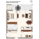 Zweizimmer-Apartment mit Küche, Bad und Wohnbereich. Aufzug und Balkon vorhanden.