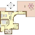 Wohnung mit Schlafzimmer, Bad, Wohn- und Essbereich sowie zwei Balkonen.