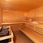 Holzsauna mit Sitzbänken, Holzofen und Eimer