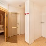 Dusche mit Duschbrause und Sauna mit Holzbänken.