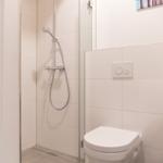 Bad mit Dusche, WC und Wandbild mit Möwen.
