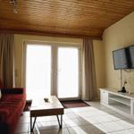 Wohnzimmer mit Sofa, Fernseher und Terrassentür.