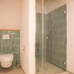 Badezimmer mit Dusche und Toilette, Wandfliesen in Grün.
