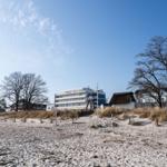 Strand mit Dünen, Bäumen und Gebäuden im Hintergrund.