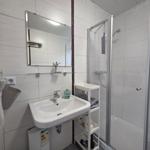 Badezimmer mit Dusche, Waschbecken und Spiegel.