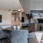 Modern eingerichtetes Apartment mit Wohnzimmer, Schlafzimmer und Bad. Große Flächen und klare Linien.