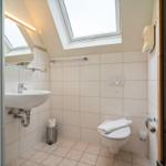 Badezimmer mit Toilette, Waschbecken und Dusche unter Dach