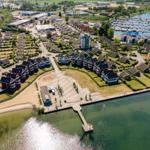 Aerial view of residential area near water with marina and green spaces.