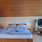 Schlafzimmer mit Doppelbett, Kleiderschrank und TV. Holzdecke und Fenster mit Blick.