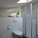 Badezimmer mit Dusche, Waschbecken und Toilette. Weiße Fliesen und Pflanzen.