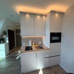 Moderne Küche mit integriertem Ofen und Edelstahl-Spüle.