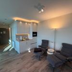 Wohnung mit Küche, zwei Sesseln und Holzboden