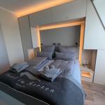 Schlafzimmer mit Bett, Nachttischen und integrierten Schränken unter Dachschrägen.