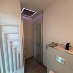 Moderne Dusche mit Glaswand und Deckenbrause. Neben einem Waschbecken mit Handtuch.