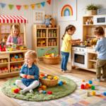 Kinder spielen mit bunten Blöcken und Spielzeugküche im Spielzimmer.