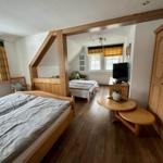 Zimmer mit Bett, Kleiderschrank und Sicht auf Wohnbereich mit TV und Fenstern.