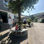 Haus mit Bäumen, Terrasse und Fahrrad auf gepflastertem Weg.