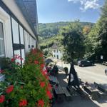 Außenbereich mit Tischen, Blumen und Blick auf grüne Hügel.