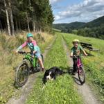 Zwei Kinder mit Fahrrädern und Hund auf Waldweg.