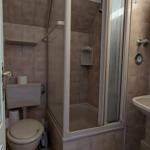 Badezimmer mit Dusche, Toilette und Waschbecken.